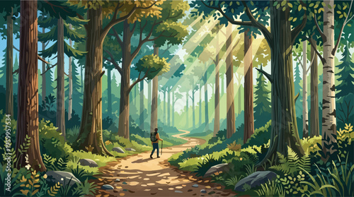 Lush forest landscape with hiker walking on dirt path, sunbeams shining through tall green trees, scenic woodland trail vector illustration