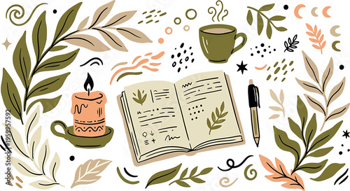 Cozy reading setup with candle coffee and notebook isolated on transparent background