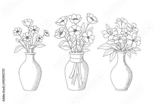 Three black and white line vases with different flowers lineart blackandwhite bouquet