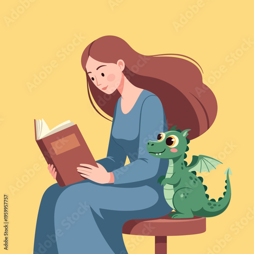 Woman Reading with Green Dragon.