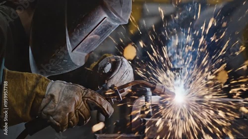 Welder wearing protective gear and welding with sparks flying everywhere in a workshop setting with smoke and light