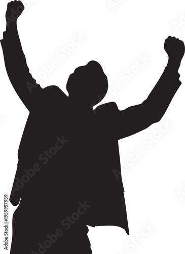 Black silhouette of a person with arms raised in celebration