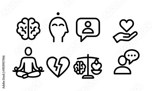 Mental health and wellness vector icons, brain and mind balance symbols, human psychology and emotional well-being concepts, black outline graphic resources for therapy and self-care applications