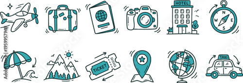 Collection of charming hand drawn travel icons representing transportation accommodation navigation and vacation activities for journey planning