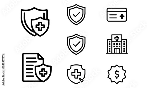 Healthcare and Medical Protection Vector Icons. Comprehensive Health Insurance and Security Shield Symbols. Essential Financial and Hospital Care Graphics for Digital Design.