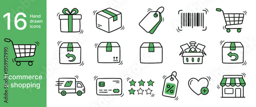 A collection of sixteen hand drawn doodle icons representing various aspects of ecommerce and online shopping transactions