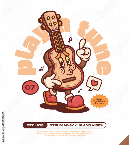 Ukulele Guitar Trendy Retro Cartoon Vector Hand Drawn  7