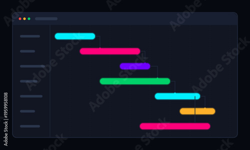 A digital gantt chart interface displaying project timelines with colorful tasks on a dark background