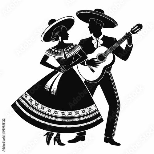 Mexican Folk Dance Couple with Guitar Silhouette Vector Illustration