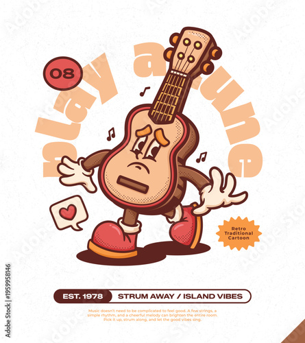 Ukulele Guitar Trendy Retro Cartoon Vector Hand Drawn  8