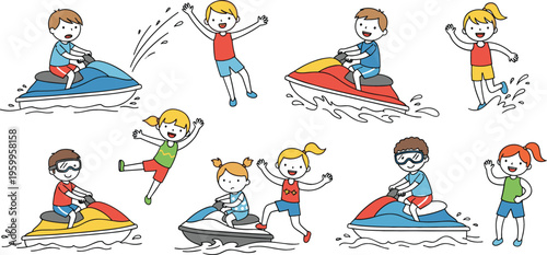 Children playing with jet ski and water splashes, cute vector illustration set of kids enjoying summer water activities and fun outdoor adventures