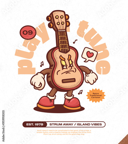 Ukulele Guitar Trendy Retro Cartoon Vector Hand Drawn 9 