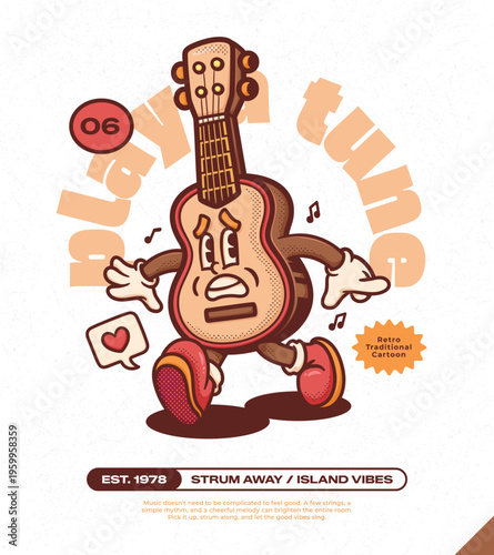 Ukulele Guitar Trendy Retro Cartoon Vector Hand Drawn 6 