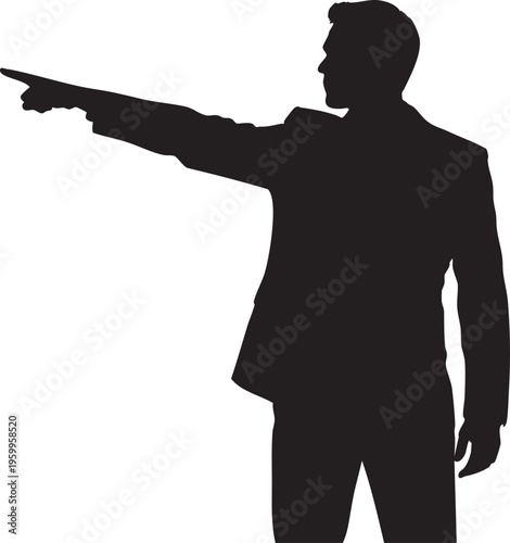 Silhouette of a man in a suit pointing to the left