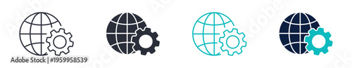 Global settings icon set, worldwide network configuration gear symbol, outline and solid and color style. Vector illustration.