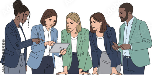 Diverse business team collaborating around tablet, vector illustration of professionals discussing data and teamwork in modern office environment