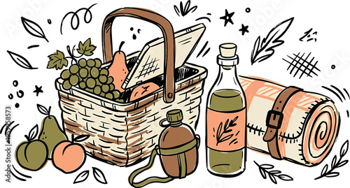 A picnic setup with a basket bottle and blanket isolated on transparent background