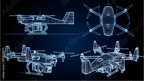 Drone Taxi CAD Technical Schematic Side and Top Views, Wireframe Perspective Futuristic Aerial Vehicle on Dark Background
