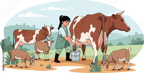 Farmer milking cow on farm with goats and cattle, vector illustration of rural agriculture lifestyle and dairy farming scene