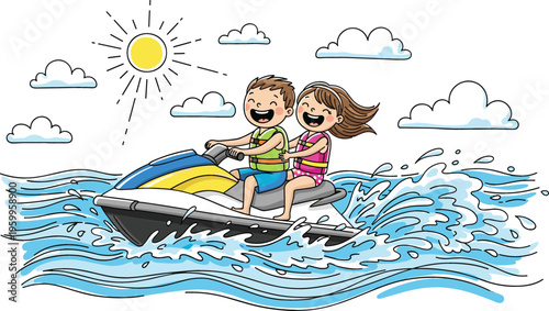Happy kids riding jet ski on ocean waves under sunny sky, cute cartoon vector illustration of children enjoying summer water adventure