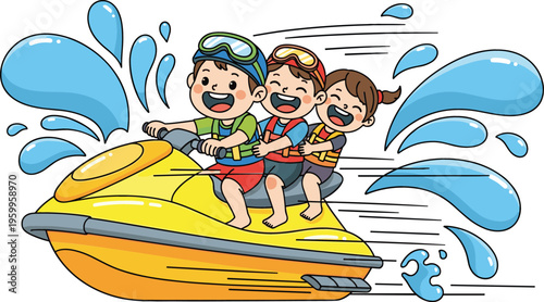 Happy kids riding jet ski with water splash, cartoon vector illustration of children enjoying summer water sport adventure