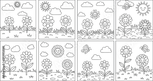 Flower garden coloring pages set for kids, cute cartoon nature scenes with smiling flowers sun and clouds for printable coloring book