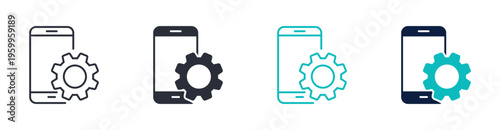 Mobile settings icon set, smartphone configuration gear system symbol, outline and solid and color style. Vector illustration.
