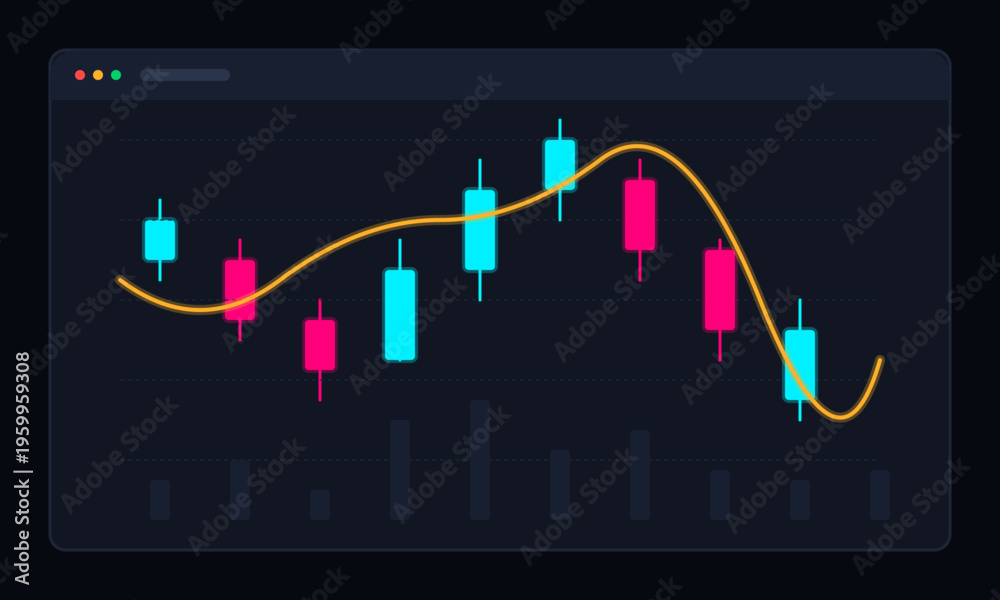 Naklejka premium Financial market candlestick chart showing stock price trends and data analysis on dark background
