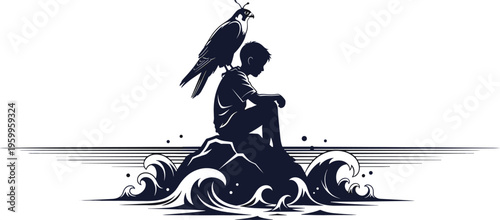 Lonely man sitting on rock with bird by the sea, artistic vector illustration of solitude and reflection in monochrome style