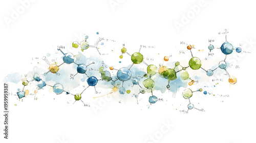 Watercolor Molecular Structure Illustration for Chemistry and Science. AI Generated