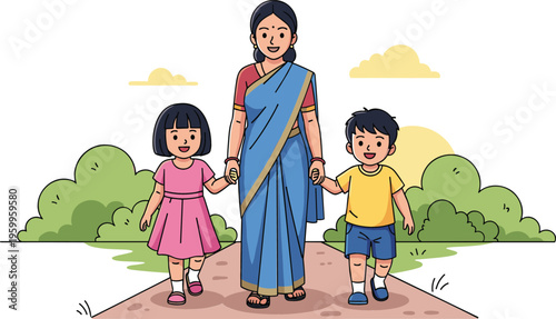 Mother walking with two children outdoors in park, cute cartoon vector illustration of happy family bonding and parenting in nature