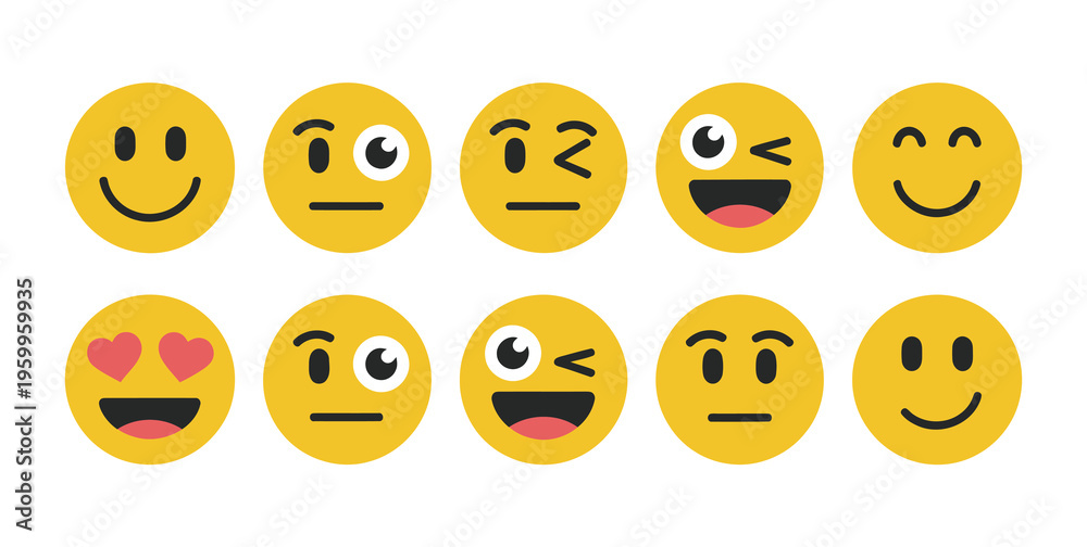 Obraz premium Doodle emoji face sticker vector set, cute hand drawn smiley characters with happy, sad, and funny expressions for kids, chat icons, messaging, and cartoon emoticon design