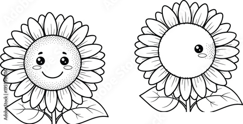 Sunflower coloring page for kids, cute cartoon flower outline illustration set for printable coloring book