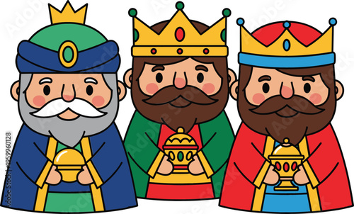 Three wise men cartoon illustration, cute kings holding gifts in colorful costumes for kids Christmas and holiday design