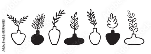 Crayon hand drawn vases of silhouettes and contour. Abstract organic pottery with leaves. Modern ceramic vessels and wine jars in minimalist style. Black vector illustration set for design projects.