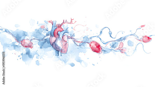 Watercolor Human Heart Anatomy Illustration with Blood Vessels. AI generation