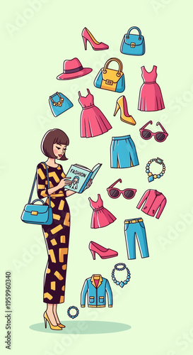 Woman with fashion items floating.
