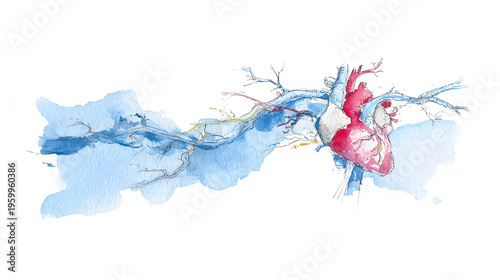 Watercolor Human Heart Anatomy Illustration with Blood Vessels. AI generation