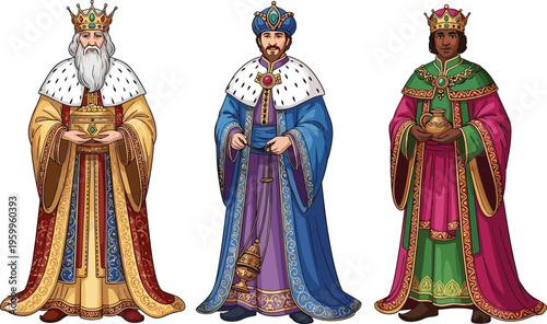 Three wise men in detailed royal costumes, vector illustration of biblical kings holding gifts for nativity and Christmas design