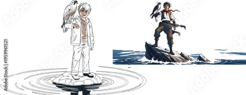 Boy with falcon standing on rock in water, vector illustration set of character with bird companion in sketch and colored styles