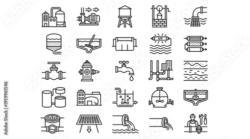 Water Infrastructure Line Icon Set – Plumbing System, Pipeline Utility, Sanitation Engineering Vector Collection