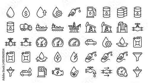 Oil Fuel Line Icon Set – Energy Industry, Petroleum Gas, Power Resource Vector Collection
