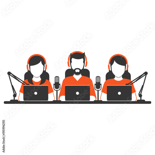 Professional podcasting studio setup with three broadcasters using laptops and microphones