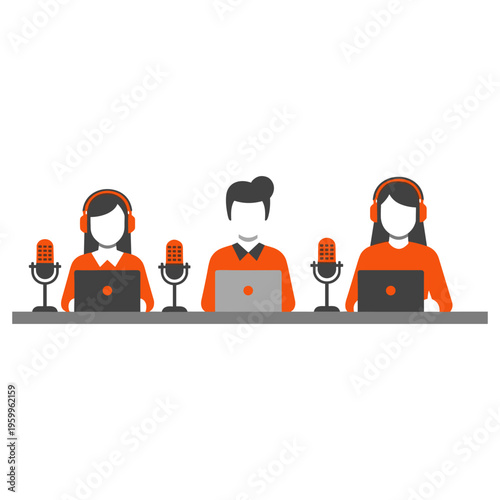 Three people podcasting setup with microphones and laptops on a table