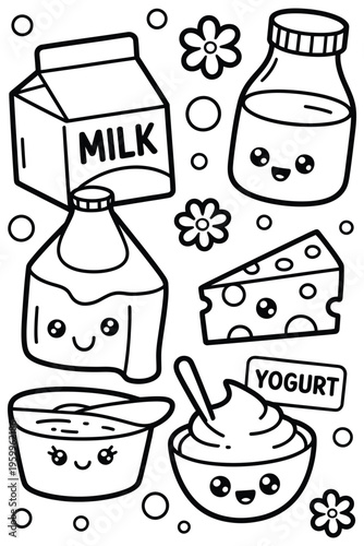 Milk carton with cute face and cheese wedge, a dairy product collection, with cheese, yogurt, and other fresh foods