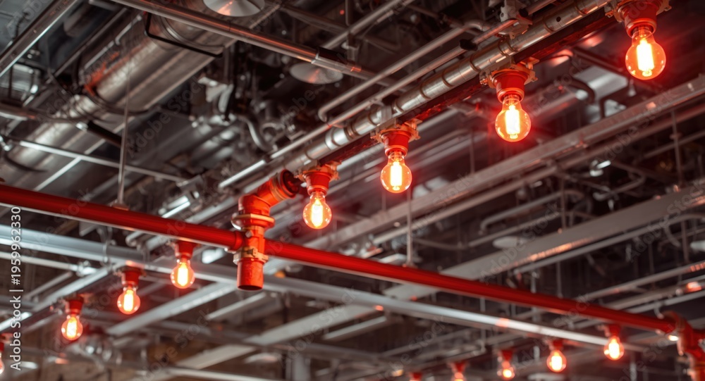 Obraz premium Fire sprinkler network suspended from ceiling with red liquid bulbs