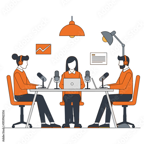 Podcast studio with three hosts recording interview using microphones and laptops