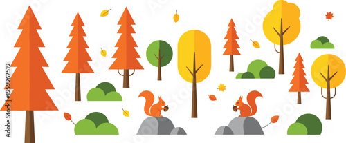 Autumn forest landscape with squirrels, colorful trees and falling leaves, flat vector illustration, nature scene, seasonal design, cad drawing style