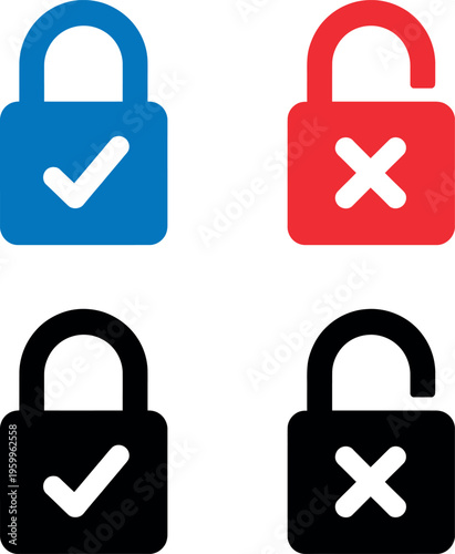 Visual representation of secure and insecure lock statuses using check and cross marks