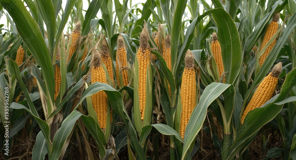 Obraz premium A close up of tall maize plants with abundant starchy kernels ready for harvest
